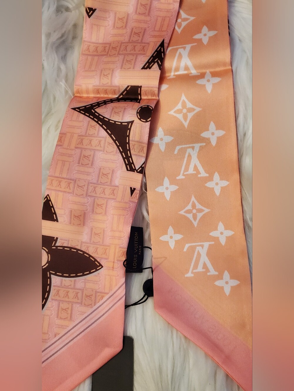 100% Silk Bag Twilly, Scarf, Pink And Orange,Monogram,Stunning!